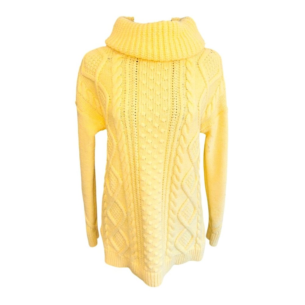 Lands End Yellow Heavy Cable Knit Cowl Neck Sweater Oversized Fisherman Cotton
